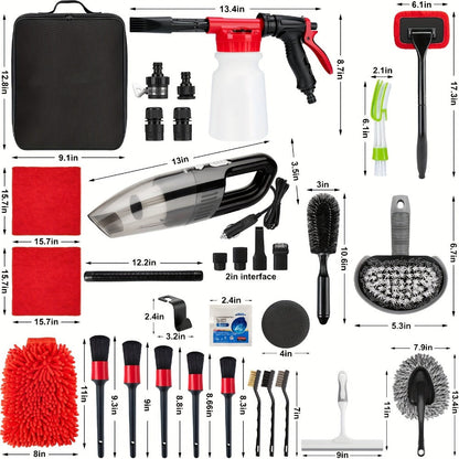 26/42-Piece Complete Car Wash & Detailing Kit – Foam Spray Gun, Portable Vacuum, Windshield Cleaner, Tire Brush
