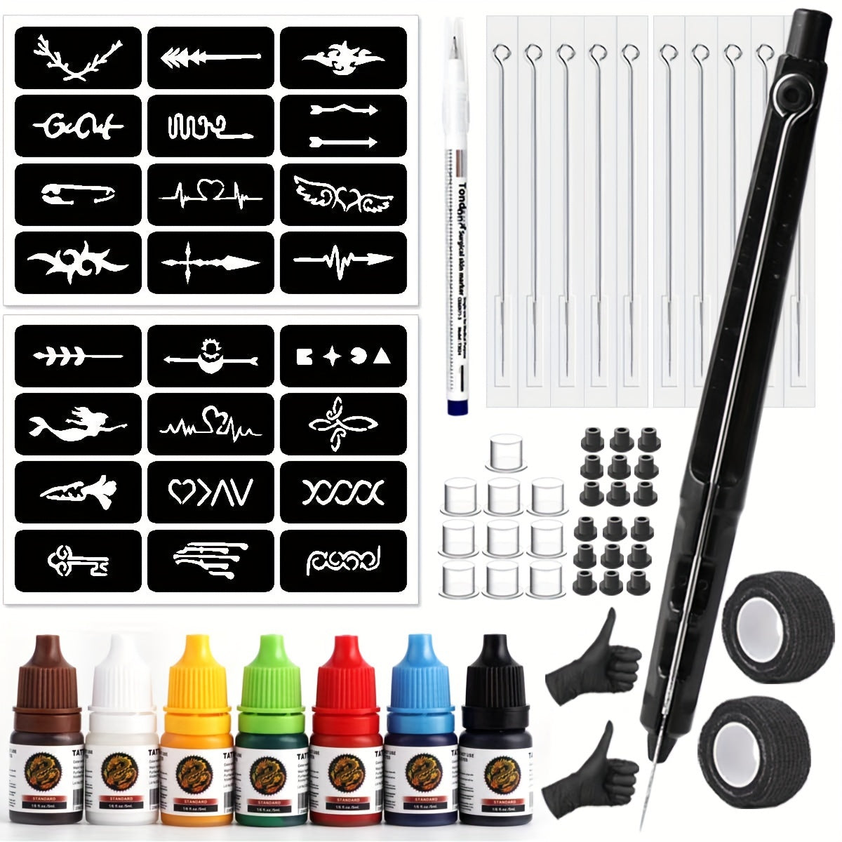 Stick and Poke Tattoo Kit - DIY Manual Tattoo Pen Hand Tool Set with 7 Color Inks, Needles