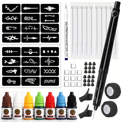 Stick and Poke Tattoo Kit - DIY Manual Tattoo Pen Hand Tool Set with 7 Color Inks, Needles