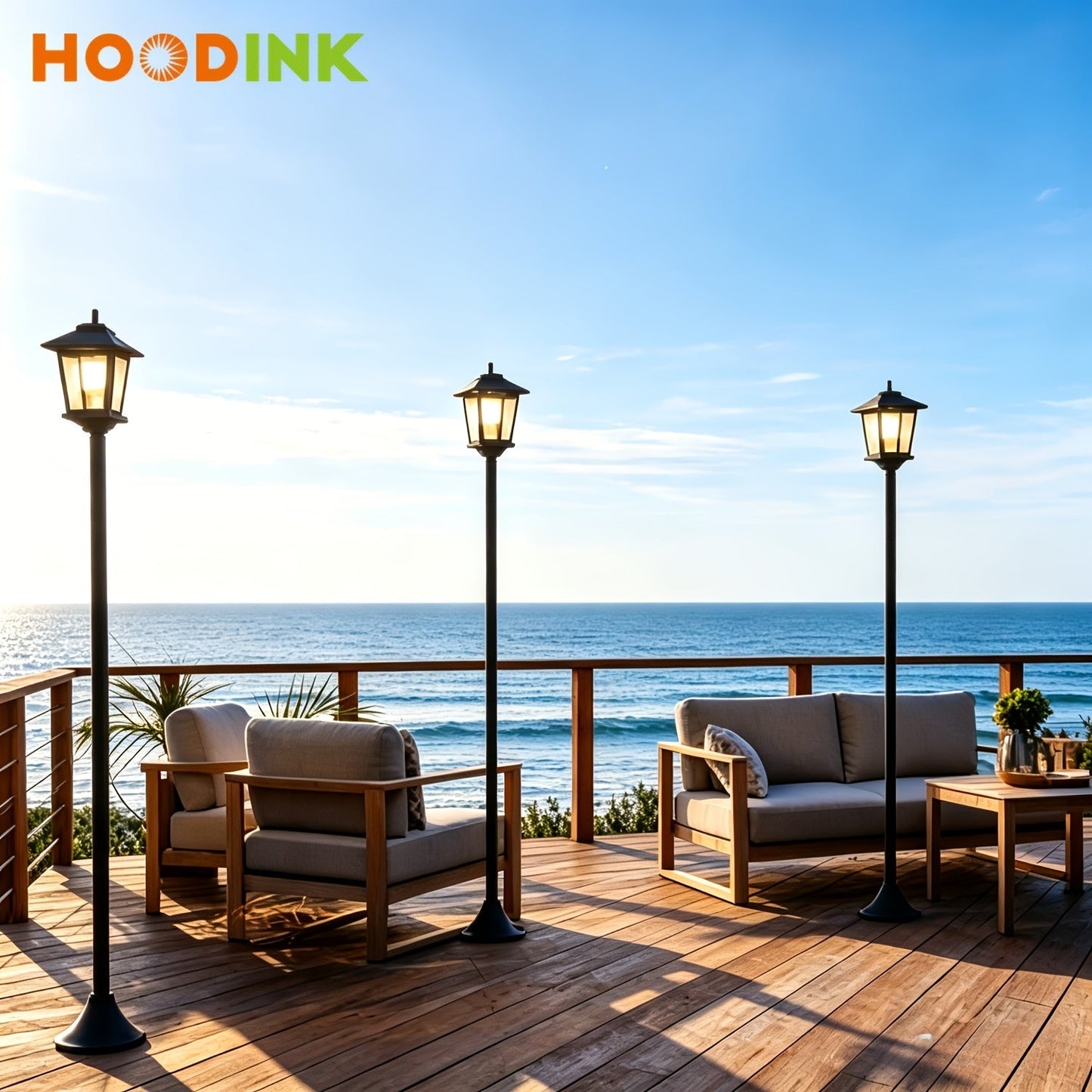 Solar Garden Light HOODINK Black Lamp Post 2-Pack with Solar Panel, Automatic Light Sensor and Freestanding Pole Installation