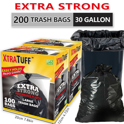 30-Gallon / 113.5-Liter Black Trash Bags, 200-Count Pack in Four Rolls and Two Boxes with Tie Handles