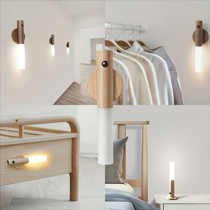 Motion Night Light Rechargeable LED, IPX4 Wood Grain & Walnut Under Cabinet Step Lamp for Staircase
