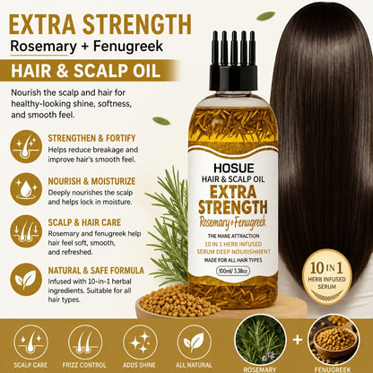 Rosemary and Fenugreek 10-in-1 Hair and Scalp Oil, 100ml Dropper Bottle with Ten Printed Botanical Oils