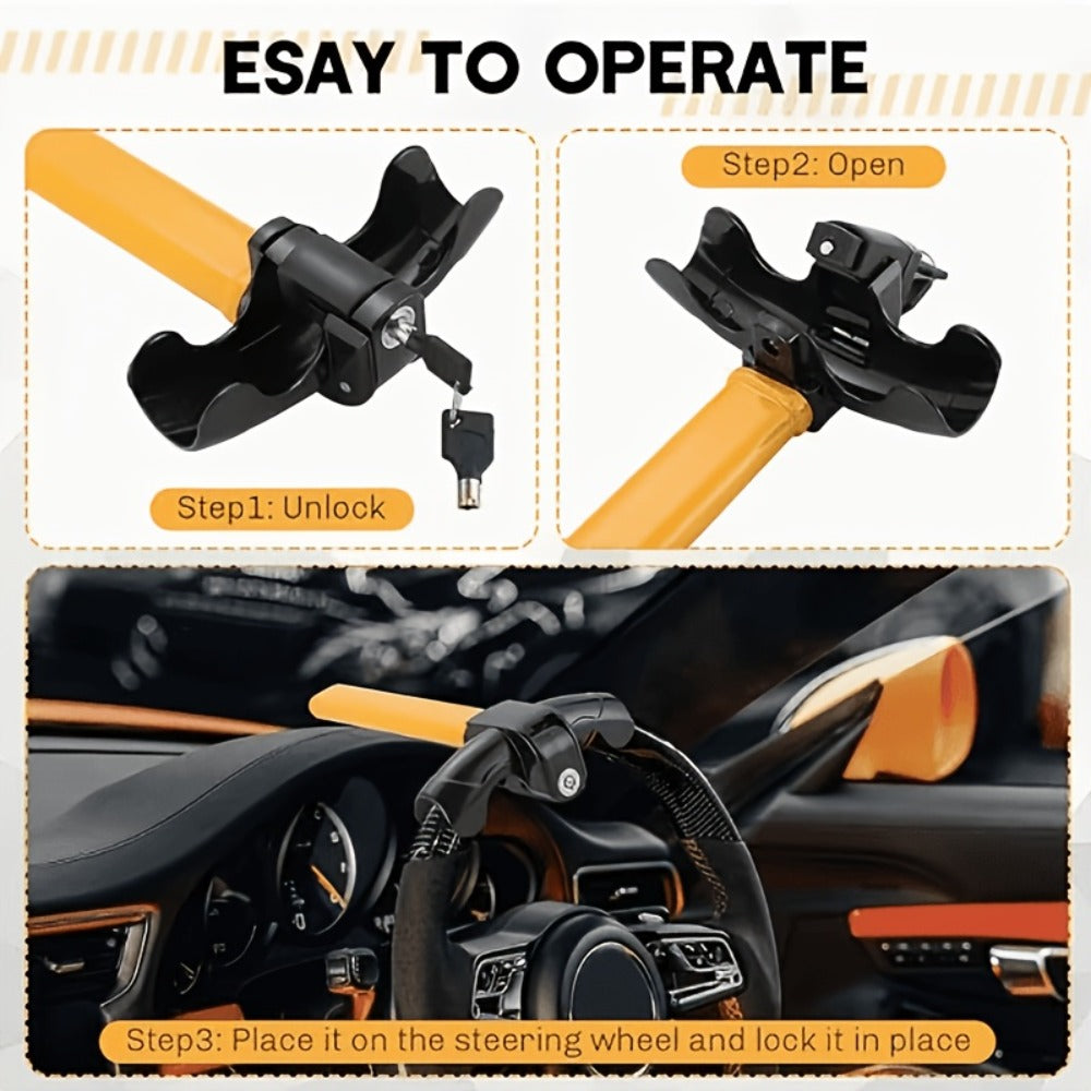 Universal Car Steering Wheel Lock Anti-Theft T-Bar – Heavy-Duty Thick Steel, Cut-Resistant, Computer-Coded Crescent Cylinder