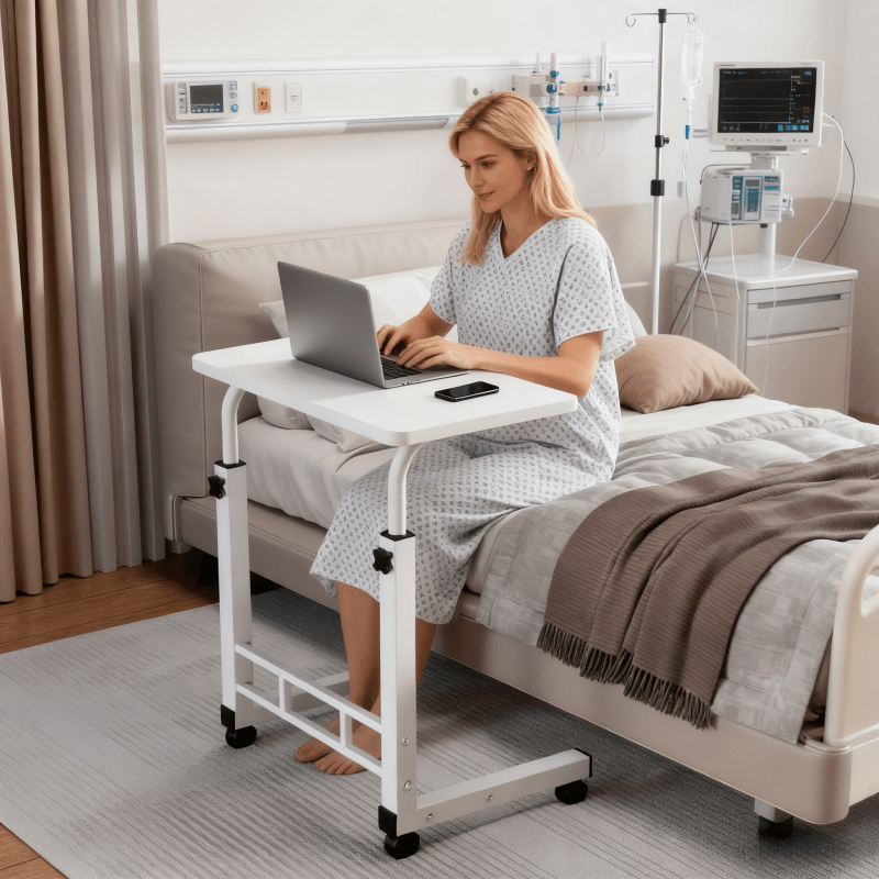 Adjustable Height Rolling Overbed Nursing Table 3-Layer Shelves Bedside Tray for Elderly for Entryways, Bedrooms and Living Spaces