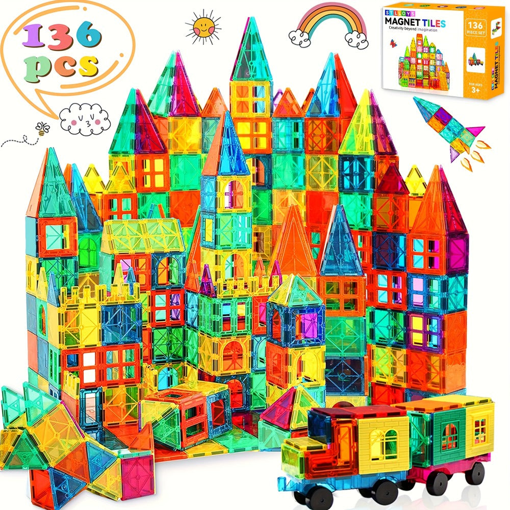 Magnetic Tiles for Kids 106/136pcs with 2 Toy Cars – STEM Approved Educational Magnet Building Blocks Set Stacking Puzzle Toy for Boys