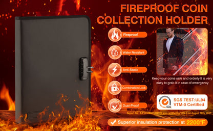 300-Pocket Coin Collection Book with Lock – Fireproof Holder, 72 Currency Sleeves, Coin Organizer Album for Pennies