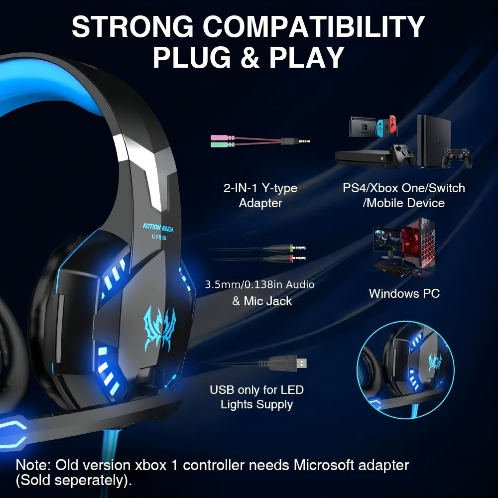 Gaming Headset with Mic LED Light Over Ear Wired Headphones for PC PS5 Xbox Nintendo for Bedside Audio, Alarms and Room Entertainment