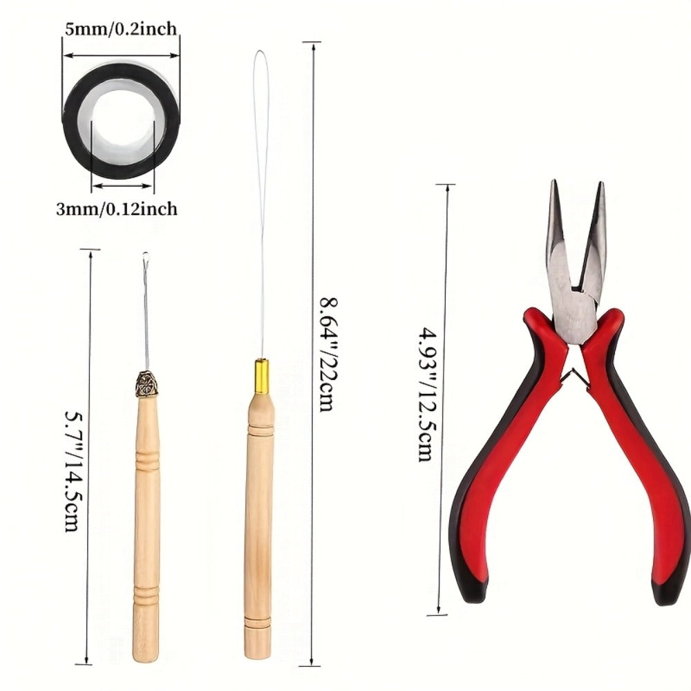 Micro Ring Hair Extension Tools Kit 1500 Rings – Complete Set with Plier, Crochet Hook, Needles, Threader, Rubber Bands, Clips
