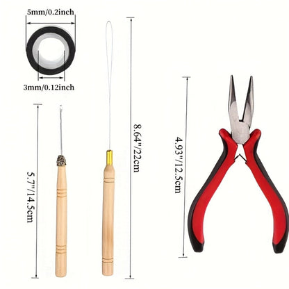 Micro Ring Hair Extension Tools Kit 1500 Rings – Complete Set with Plier, Crochet Hook, Needles, Threader, Rubber Bands, Clips