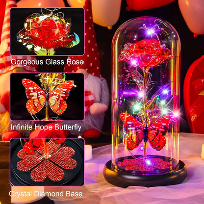 Glass Rose Crystal Flower in Glass Dome with LED Glow - Eternal Galaxy Rose Gift for Women, Mom, Wife