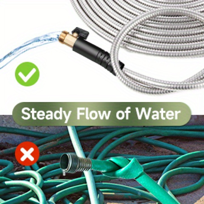 Stainless Steel Metal Garden Hose, Kink-Free, 10-Function Nozzle, Brass Fittings, 10FT to 150FT