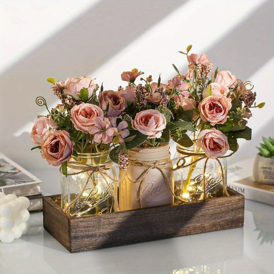 Mason Jar Centerpiece Table Decorations with Wood Tray & LED Lights, 3-Piece Farmhouse Decor Set for Dining Room