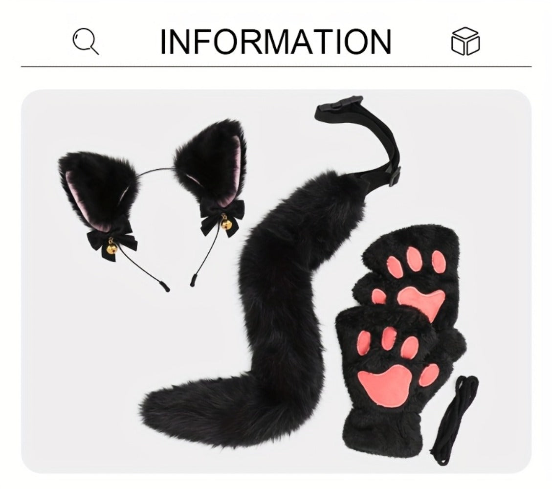 Cat Costume Set 3 Piece, Bell Ear Headband, Plush Paw Gloves & Adjustable Tail for Halloween, Cosplay