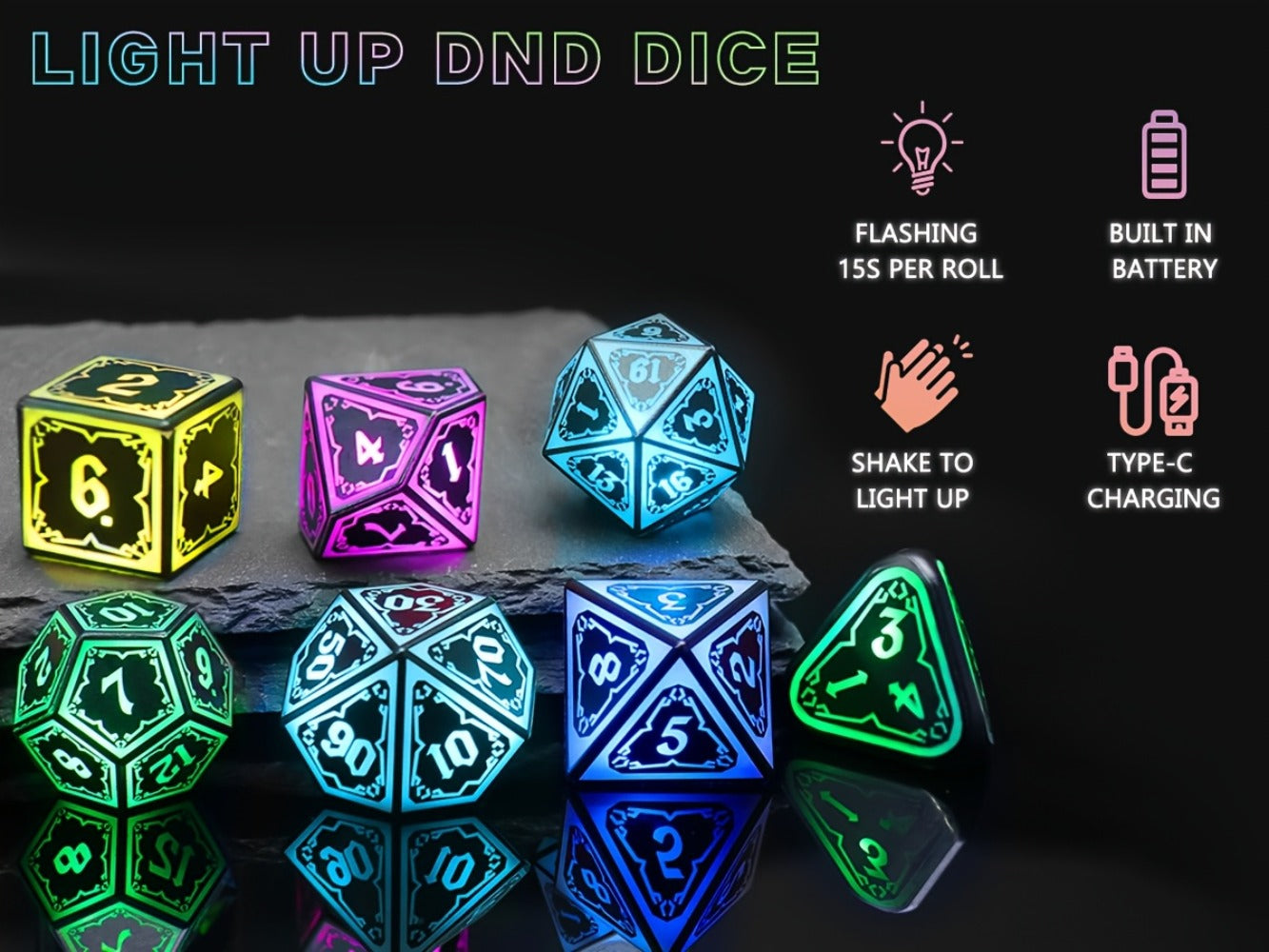 RGB LED DND Dice Set Rechargeable 7pcs, Illuminated Polyhedral Dice with Type-C Charging Case for D&D RPG Tabletop Games