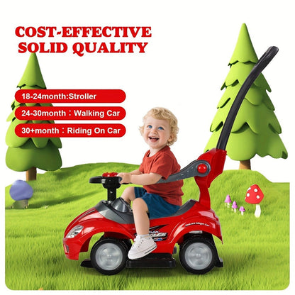 3-in-1 Toddler Push Ride & Walker Car, Baby Ride-On Toy with Guardrail, Music & Under-Seat Storage for Ages 18-36 Months