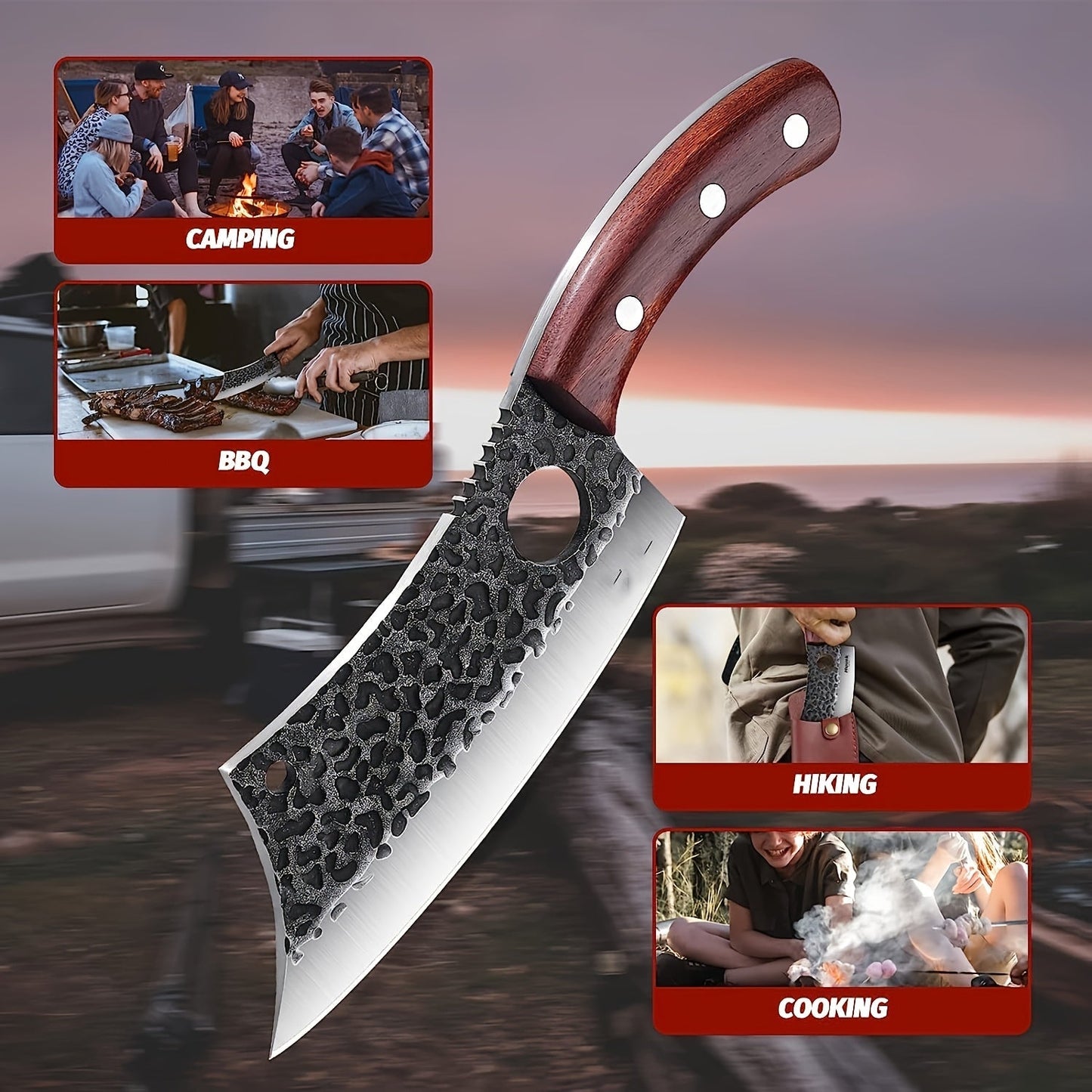 Chef Knife Hand Forged, High-Carbon Steel Viking Cleaver Full Tang Oak Handle with Sheath for Home Cooking, Dining and Outdoor Meals