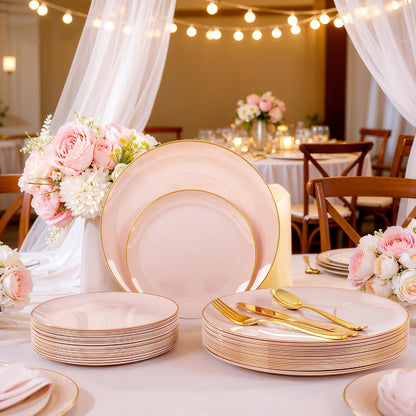 Disposable Plastic Plates Set 50 Piece – Pink Gold Rim Party Tableware with Dinner Plates, Dessert Plates & Utensils for Birthday Wedding