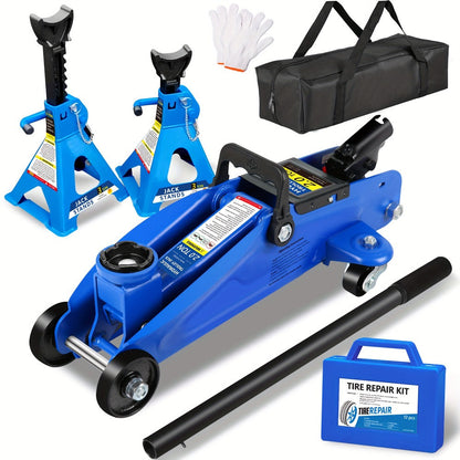 Hydraulic Floor Jack Kit 2/2.5/3 Ton Low Profile Trolley Jack with Jack Stands, Tire Repair Kit, Wheel Wrench & Wheel Chock Combo – Red/Blue