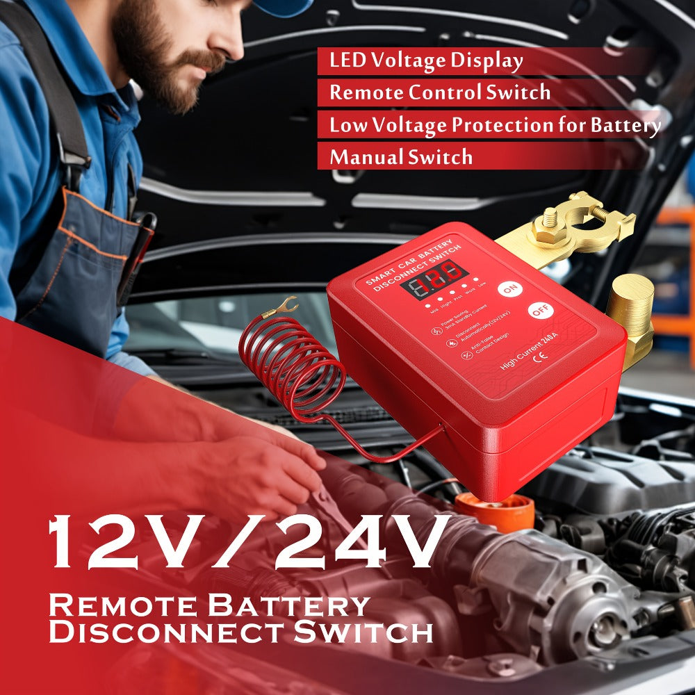 Wireless Battery Kill Switch – 12V/24V 240A Remote Control Cutoff with LED Voltage Indicator, Auto Shutdown
