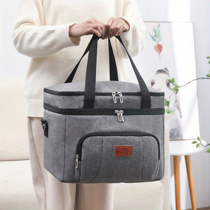 Double-Deck Lunch Tote with Front Pocket and Shoulder Strap in Gray, Blue, Black or Pink Options