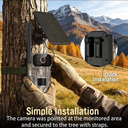 4G LTE Cellular Trail Camera with Solar Panel, 4K Wildlife Monitoring Camera, PIR Motion Sensor, Infrared Night Vision