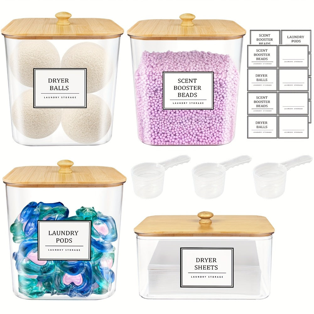 Laundry Pods Container & Dryer Sheet Holder Set with Bamboo Lids, Clear Laundry Room Organization Containers for Scent Booster, Powder