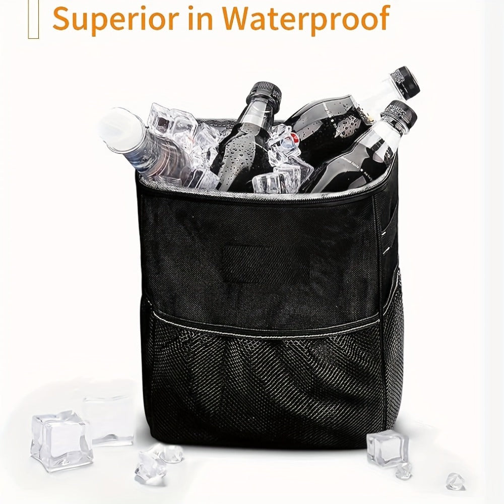 Structured Car Trash Bin with Lid, Silver-Tone Lining, Magnetic Buckles and Three Mesh Pockets