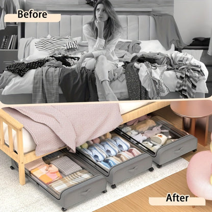 Under Bed Storage Organizer with Wheels & Lid – Metal Rolling Bins for Clothes Bedding Shoes Blankets Books (2pcs)