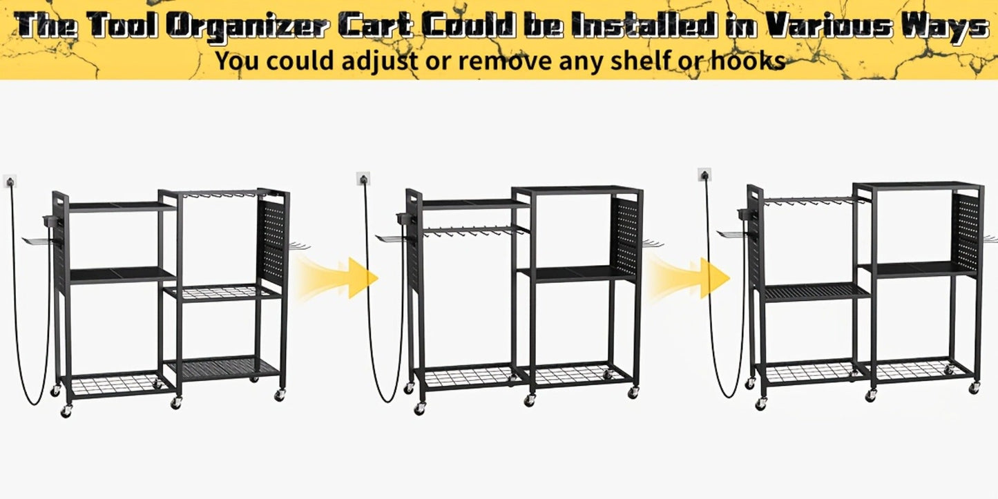 Mobile Tool Cart with Charging Station, 12 Drill Holders & 5 Storage Shelves Power Tool Organizer