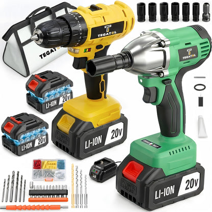 20V Brushless Power Tool Combo Kit, 4-Tool Cordless Set with Impact Wrench, Hammer Drill, Angle Grinder & Electric Drill