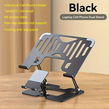 2-in-1 Laptop and Phone Stand with Adjustable Foldable Metal Frame in Silver or Black for Desk Use