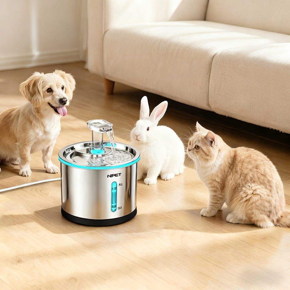 Cat Water Fountain Stainless Steel 50oz/1.5L – Ultra Quiet Auto Pet Water Dispenser with LED Light, Visible Window & Dishwasher Safe