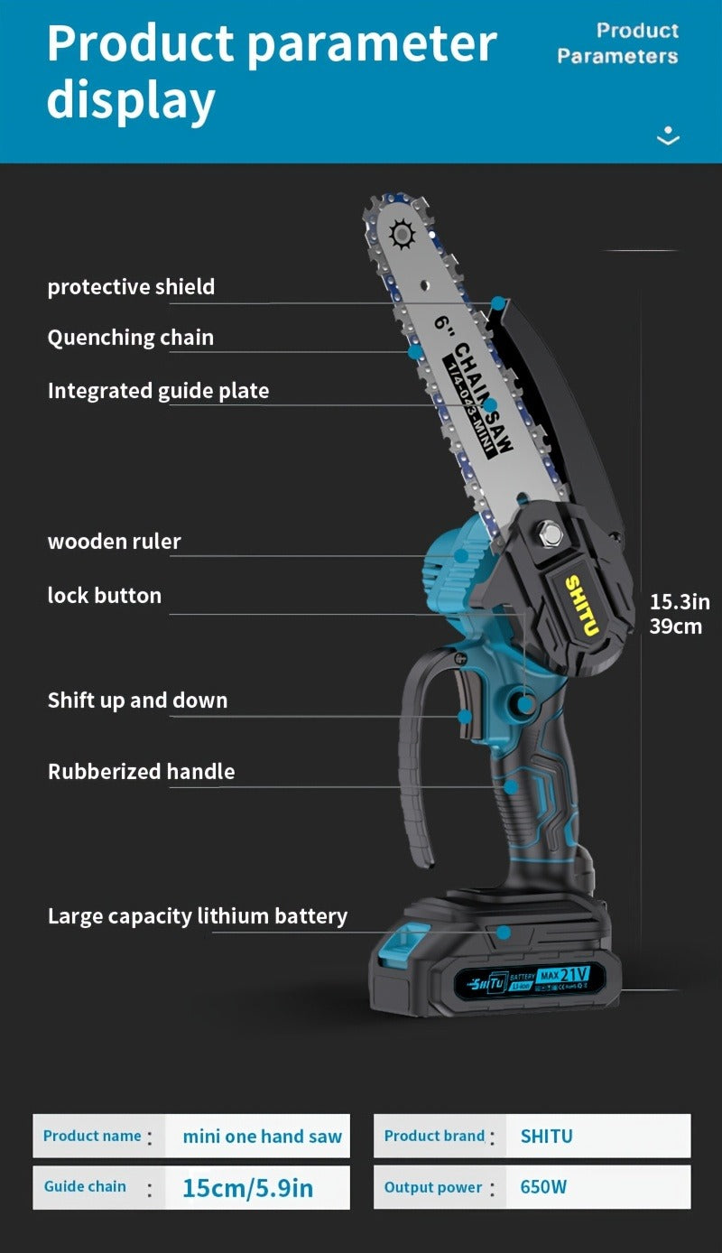Handheld Electric Chainsaw, Mini Cordless Portable Tree Cutter with Splash Guard, Security Lock, Rechargeable Battery Options