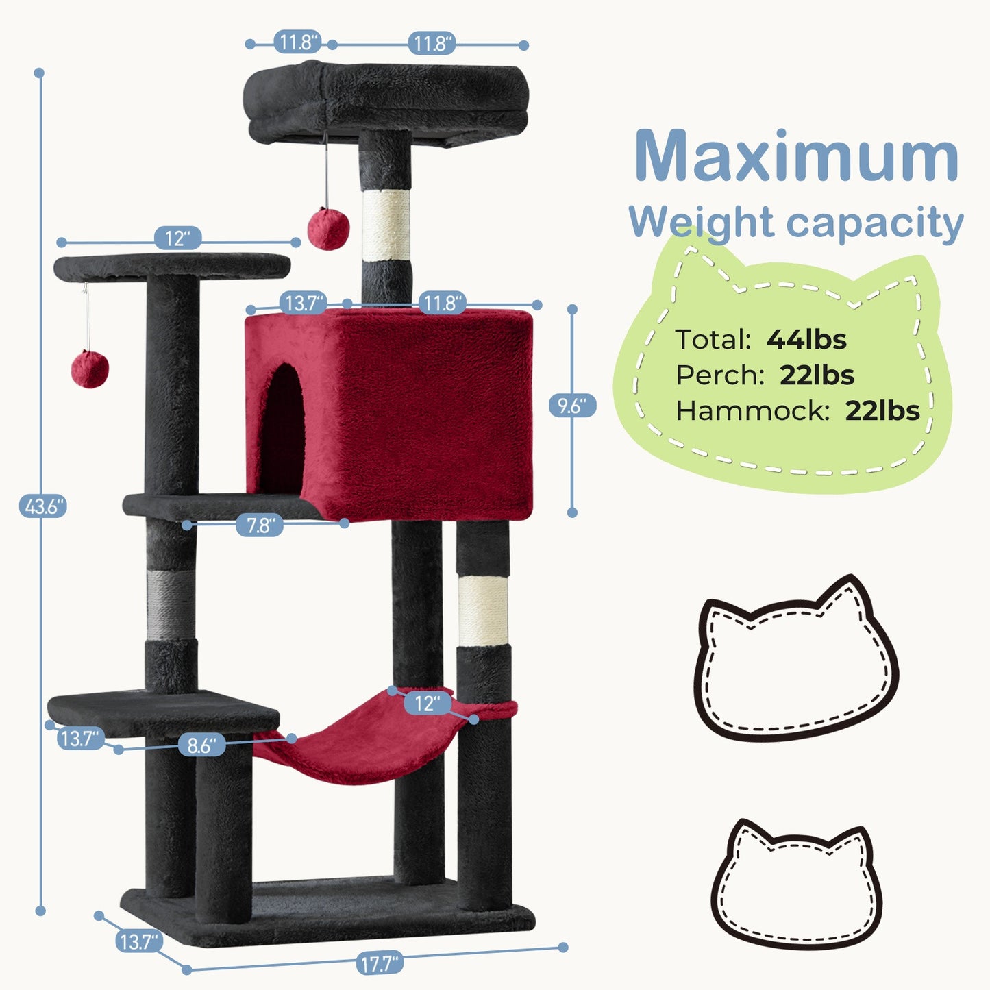 44-Inch Cat Tree Tower with Condo & Hammock – Multi-Level Indoor Cat Tree with Natural Sisal Scratching Posts