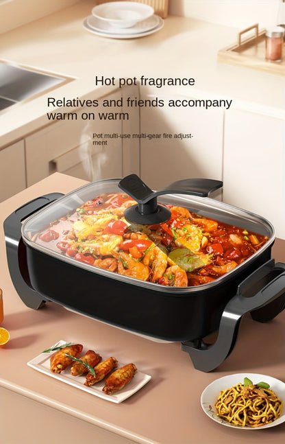 Electric Ceramic Non-Stick Pot 12x12 Inch 1500W Square Skillet with Glass Lid Adjustable for Home Cooking, Dining and Outdoor Meals