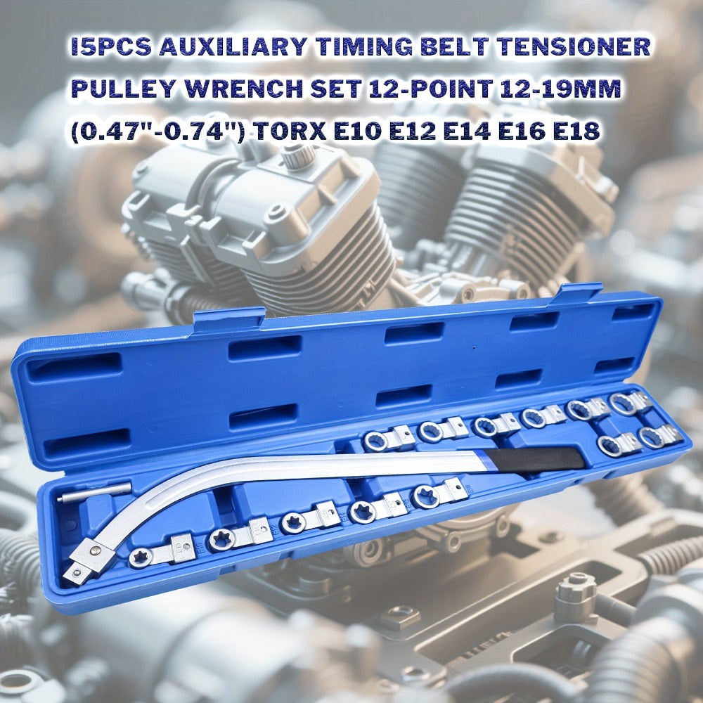 Belt Tensioner Pulley Removal Tool Kit 15-Piece – Auxiliary Engine Belt Removal Set with Multi-Size Adapters & Carrying Case