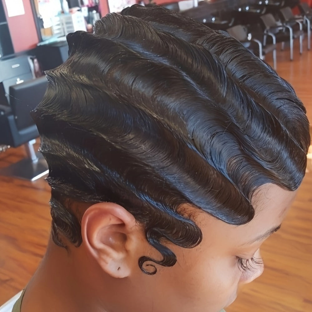 4-Inch Finger Wave Pixie Human Hair Wig with 180% Density, Rose Net Cap and 1B or 613 Color
