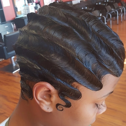 4-Inch Finger Wave Pixie Human Hair Wig with 180% Density, Rose Net Cap and 1B or 613 Color