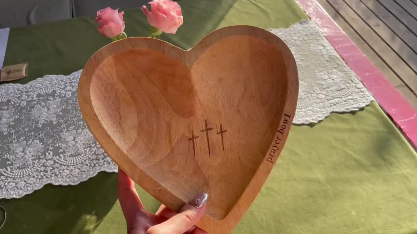 Wooden Prayer Bowl with 24 Prayer Cards – Hand-Carved Heart Shaped Cross Engraved Vintage Religious Gift Set for Easter, Christmas