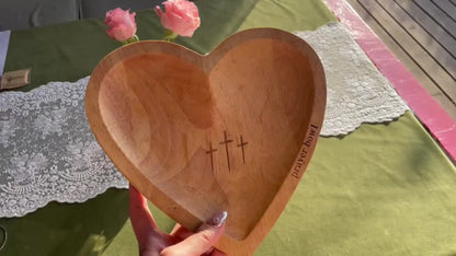 Wooden Prayer Bowl with 24 Prayer Cards – Hand-Carved Heart Shaped Cross Engraved Vintage Religious Gift Set for Easter, Christmas