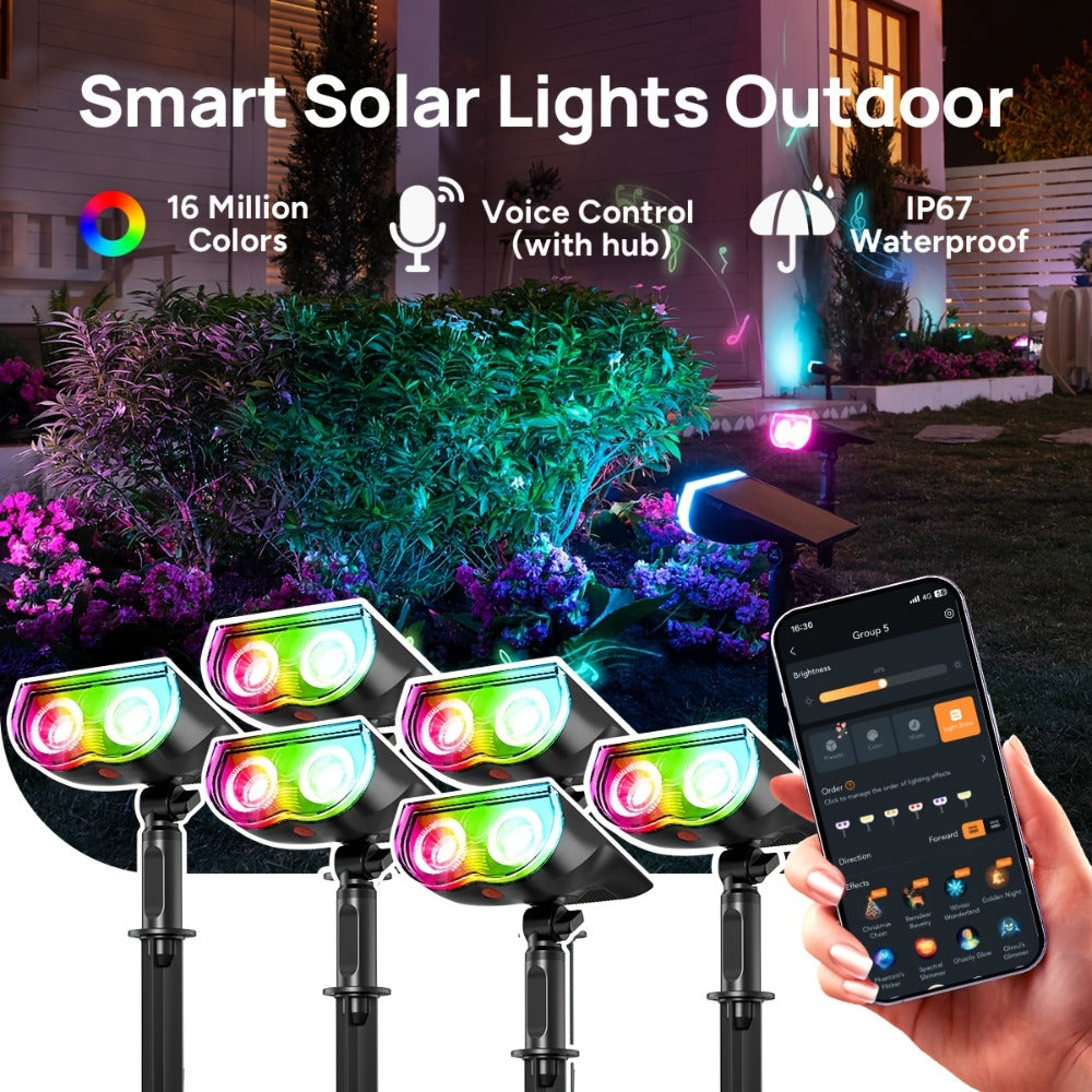 Solar Outdoor Spotlights RGB Smart Color Changing, App & Voice Control, Music Sync, 16M Colors, 14H Battery