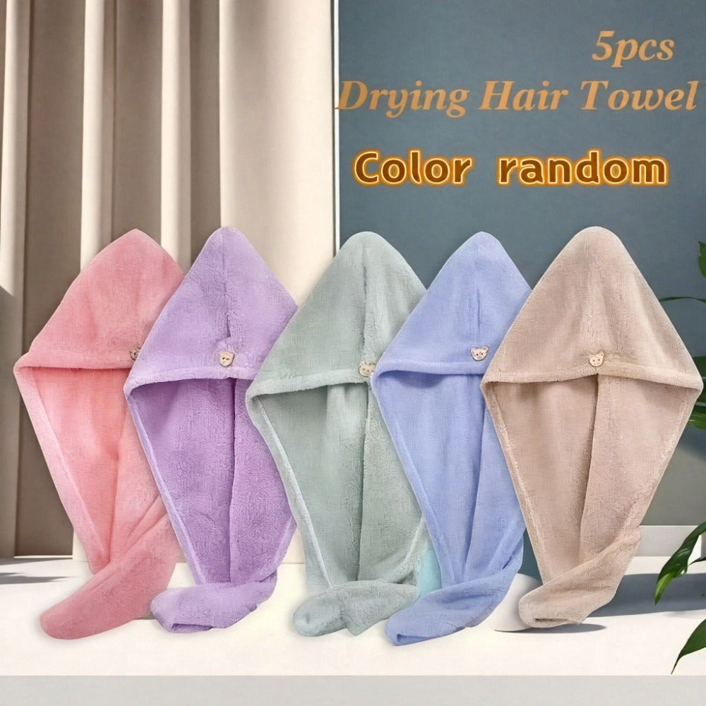 Microfiber Hair Towels 5 Pack - Super Coral Fleece Hair Wrap Towel Set, Bathroom Hair Drying Towels