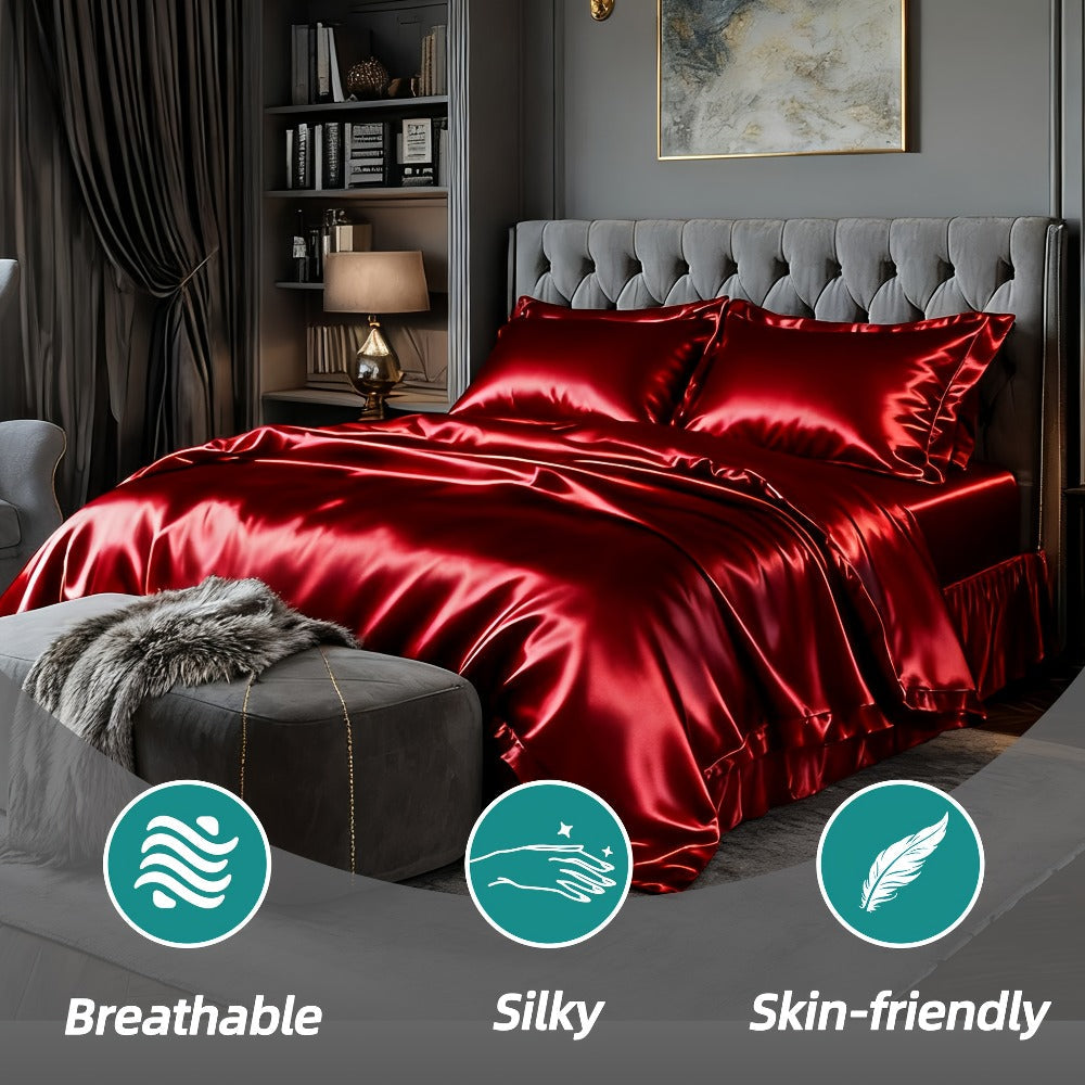 Satin Fitted Sheet Set with Pillowcases – Cooling Smooth Breathable Wrinkle-Resistant Bed Sheets, Machine Washable Ultra Soft for Hot