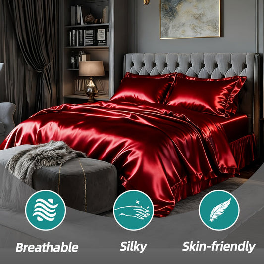 Satin Fitted Sheet Set with Pillowcases – Cooling Smooth Breathable Wrinkle-Resistant Bed Sheets, Machine Washable Ultra Soft for Hot