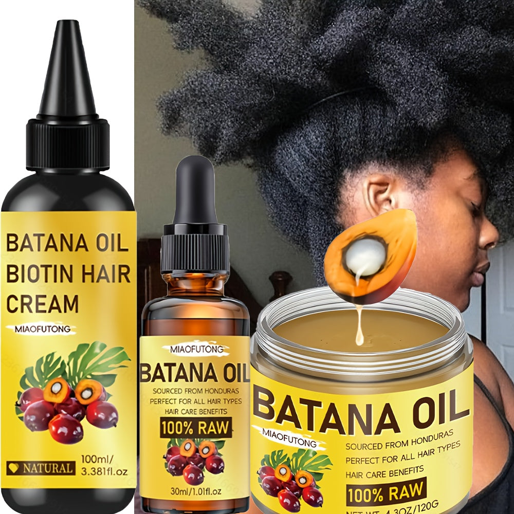 Three-Piece Batana Oil and Biotin Hair Care Set with Large Cream Jar and Coordinated Containers