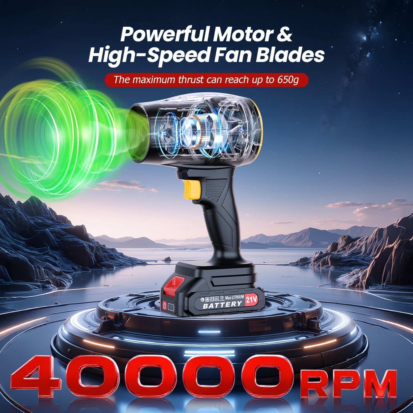 21V Cordless Leaf Blower in Black with 40, 000 RPM Marking, Two Battery Packs, Charger Cable and Nozzle Pieces