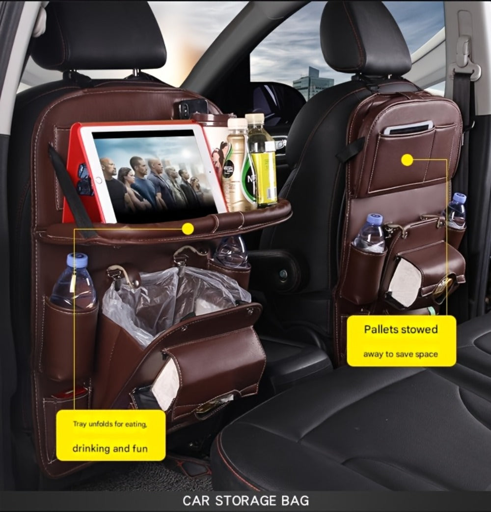 One-Piece Seatback Car Organizer with Fold-Down Tray, Cup Recesses, Mesh Pockets and Four Colors