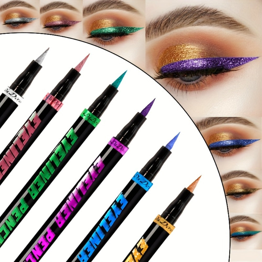 Colored Eyeliner Pencil Set with Six Shades in Blue, Purple, Green, Pink, Black and Gold-Tone Looks