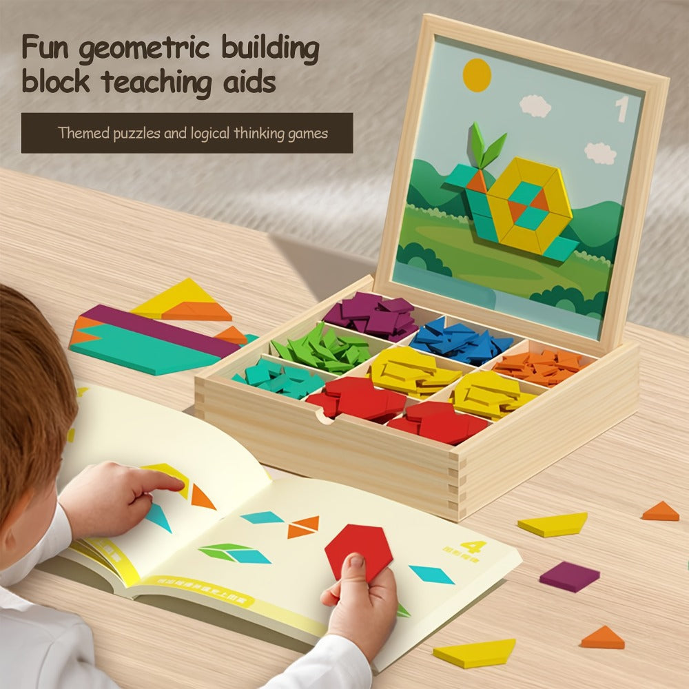 Magnetic Wooden Puzzle Blocks 128 180 220 Piece Set, Geometric Figures Cognitive Learning STEM Toy for Kids